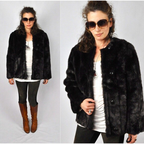 Vintage Faux Fur Jacket Coat - Streaked Vegan Brown Fur Jacket 50s 60sS - M